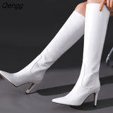 Niulatu White Stiletto High Heels Knee High Boots Ladies Autumn Winter Modern Long Boots Shoes Botas De Invierno Para Mujer DJSE