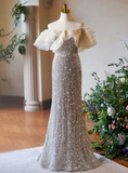 Niulatu Silver Mermaid Sequins Beading Prom Dress Formal Evening Dress HZ1007