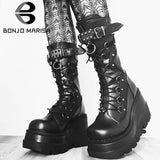 Niulatu Brand Platform Designer Goth Cool Motorcyle Women Boots Punk Street Zipper Elastic Band Black Ladies Shoes DJSE