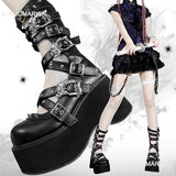 Niulatu Women Goth Platform Mid Calf Boots Wedges Heeled Cospaly Autumn Combat Boots Design Luxury Motorcycle Boots Shoes DJSE