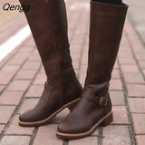 Niulatu Women's Knee High Boots Fashion Low Heels Square Platform Long Boots Brown Black Leather PU Zip Winter Woman Warm Shoes Booties DJSE