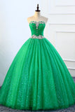 Niulatu Green Sequins Tulle Long A Line Beaded Prom Dress, Formal Dress HZ0113