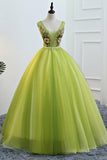 Niulatu Green Tulle V Neck Long Lace Up Senior Prom Dress With Applique HZ0113