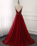 Niulatu QUALITY BURGUNDY STRAPS BEADED LONG PARTY DRESS, LONG JUNIOR PROM DRESS HZ0113