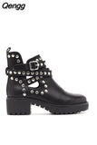 Niulatu Boots Ladies Leather Ankle Boots Spring Autumn Thick Sole Biker Shoes Ladies Punk Pearl Rivet Shoes Large Size DJSE