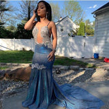 Niulatu Girl Prom Dress Cheap Sparkle Blue Sexy Prom Dresses | Mermaid Silver Aplliques Long Evening Gowns HZ0113
