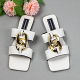 Niulatu Summer 2025 Fashion Luxury Design Flat Casual Slides Outside Beach Shoes Sqaure Toe Metal Button Women Slippers DJSE
