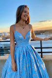 Niulatu Back V-Neck Blue Long Prom Dress with Appliques HZ0113