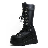 Niulatu Autumn Winter Women's Knee High Boots Gothic Punk Wedges High Heels Platform Motorcycle Boots Cosplay Shoes For Woman DJSE