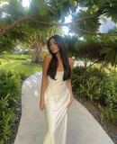 Niulatu Straps White Satin Long Prom Dress Evening Dress HZ1007