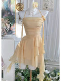 Niulatu A Line Halter Layered Yellow Chiffon Open Back Short Homecoming Dress Cocktail Dress HZ0113