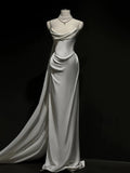 Niulatu Mermaid Strapless White Satin Long Wedding Dresses With Ruffles HZ1110