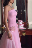 Niulatu Pink Strapless Bow-Knot Long Prom Dress,Tulle Satin Evening Dress HZ1007