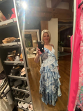 Niulatu Blue Sleeveless V-Neck Lace Ruffle Tiered Evening Dress Formal Prom Dress HZ1007