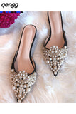Niulatu Fashion Sexy Women Shoes Elegant String Bead Crystal Patchwork Slip-On 35-42 Thin Heels Slipper NEW AD1147 DJSE