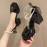Niulatu Heels Elegant Bow Square Toe Black High Heels Fashion Thick Heel Wedding Party Pearl Lace Wedding Shoe platform heel DJSE