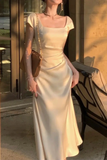 Niulatu Square Neck Long Party Dress Beige Satin Mermiad Prom Evening Dress HZ1007