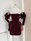 Niulatu Sheath Strapless Burgundy Velvet Vacation Dresses Short Burgundy Birthday Dress With Gloves SD235