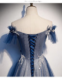 Niulatu Blue tulle long prom dress blue evening dress HZ0113