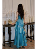 Elegant Mermaid Spaghetti Straps Blue Satin Long Prom Dresses Party Dress 21st Birthday Outfits Graduation Dresses HZ1121