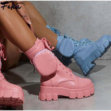 Niulatu Women's Boots Buckle Strap Zipper Ladies Motorcycles Boots Pocket Lace Up Female Combat Runway Ankle Boots Woman Platform Shoes DJSE