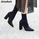 Niulatu Slim Stretch Ankle Boots for Women Pointed Toe Sock Boots Square High Heel Boots Shoes Woman Fashion Bota Feminina 41 DJSE