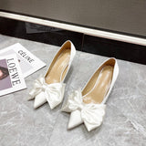 Niulatu Women Pumps Pointed Toe Satin Bow Design Shallow Slip On Thin High Heels Black White Elegant Pumps Wedding Shoes DJSE
