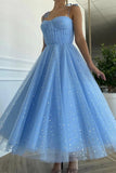 Niulatu Straps Sequins Blue Tea Length Prom Dress, Blue Tea length Formal Homecoming Dress, Sequins Evening Dress HZ0113
