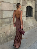 Niulatu Brown A Line Spaghetti Strap Satin Open Back Prom Dress Wedding Guest Dress HZ0113