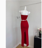 Cute Mermaid Spaghetti Straps 2 Pieces Red Long Summer Dress For Women HZ1214