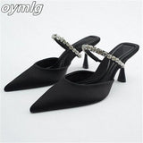 Niulatu shoes women's 2025 spring new women's shoes stiletto pointed toe pumps satin rhinestone glitter mules pumps DJSE