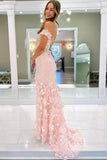 Pretty Light Pink Off the Shoulder Lace Appliques Mermaid Long Prom Dresses Graduation Dress HZ1214