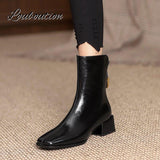 Niulatu Women Short Boots Square Toe Zipper Mid Square Heel Ladies Boots Office Lady Gentle Solid Color Patent Female Shoes DJSE