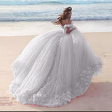 Niulatu Poofy Pink Floral Wedding Dresses Off the Shoulder Ball Gown Quinceanera Dress HZ0113