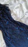 Niulatu A Line Spaghetti Straps Navy Blue Chiffon Beads Long Prom Dresses Formal Dress HZ1110