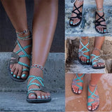Niulatu Women's Sandals Large Size Women's Sandals Rope knot Summer Europe The United States Beach toe Flat Sandals Women's Shoes DJSE