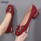 Niulatu Women Sweet Round Toe Cool Comfort Square Heels Pumps for Party Lady PU Leather Stylish Elegant Low-heeled Shoes Autumn Loafers DJSE