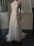 Niulatu A Line Ivory Layered Chiffon Tulle Long Prom Dress Wedding Dress HZ0113