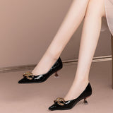 Niulatu Women Shoes Pumps All-match Low Kitten Heel Pointed Toe Metal Chain Woman Pumps OL Black Soft Leather Work Dress Shoes DJSE