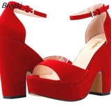 Niulatu Ankle Strap Sandal 12cm Women Pumps Sexy Peep Toe Square High Heels Woman Shoes Flock Platform Wedding Shoes DJSE