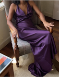 Niulatu A-Line V Neckline Grape Satin Long Prom Dresses Formal Evening Dress SD1389