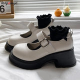 Niulatu Platform Heels Mary Jane Shoes Simple Lolita Shoes Black Platform Shoes Student College Sweet Medium Heel Women's white DJSE