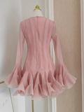 Niulatu Sheath Scoop Neckline Pink Long Sleeves Short Homecoming Dresses Birthday Outfits SD370