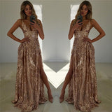 Niulatu V-Neck Prom Dress Sequins Split Sleeveless Evening HZ1007
