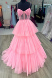 Pink Corset Tulle Ruffles A-line Formal HZ0308