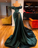 Niulatu Dark Green Satin Mermaid Prom Dresses 2025 Spaghetti Straps Pleats Seep Train Formal Evening Occasion Pageant Gowns HZ0113