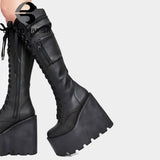 Niulatu Size 43 Platform Wedges Goth Punk Women Pocket Bags Combat Boots Lace Up Street Zipper Autumn Women Shoes DJSE