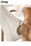 Niulatu Women Autumn Pu Leather Sneakers Sewing Lace-Up Platform Flats Vulcanized Shoes Thick Sole Brief Casual White Black Canvas Shoes DJSE