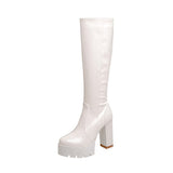 Niulatu Knee High Boots Women White Square Heel Long Boots Woman Patent Leather Shoes Spring Winter Large Size DJSE