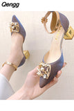 Niulatu High Heels Pumps Women Elegant Pearl Buckle Square Heels Wedding Party Shoes Ladies Pointed Toe Ankle Strap Pumps DJSE